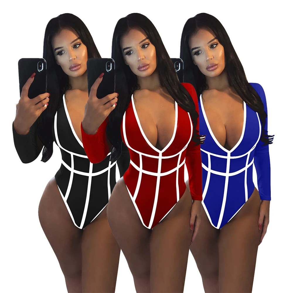 ТОВ женская комбинация, эротическая одежда, сексуальное нижнее белье с глубоким v-образным вырезом с длинным рукавом цельный купальный костюм в полоску Комбинезоны Черный боди JZ520