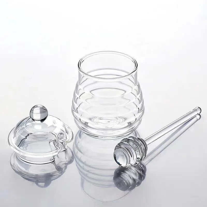 Beehive Honeycomb Shaped Hexagonal Glass Storage Pot Jar Cruet Spice Herb Honey Jam Jar with Glass Dipper and Lid