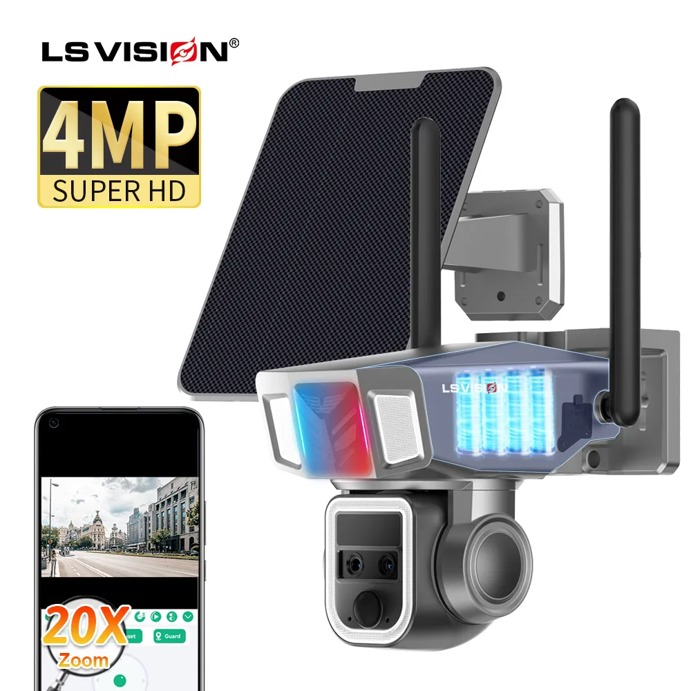 LS VISION 6MP Waterproof Outdoor PTZ Camera Dual screen 20X Zoom Laser Floodlight Solar Panel Battery Wifi 4G 4G Solar Panel
