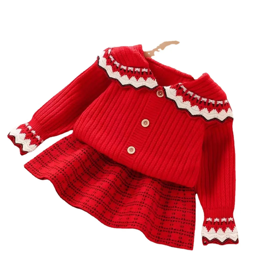 New Girls Knitted Academic Style Cardigan Kids 2 Pieces Sweater Dress Clothing Children Sets