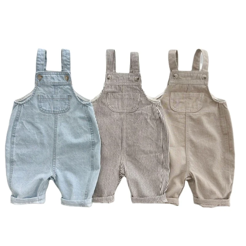 New Fashion Custom Newborn Infant Toddler Boys Girls Denim Overalls Cotton Striped Pocket Baby Kids Jeans For Daily