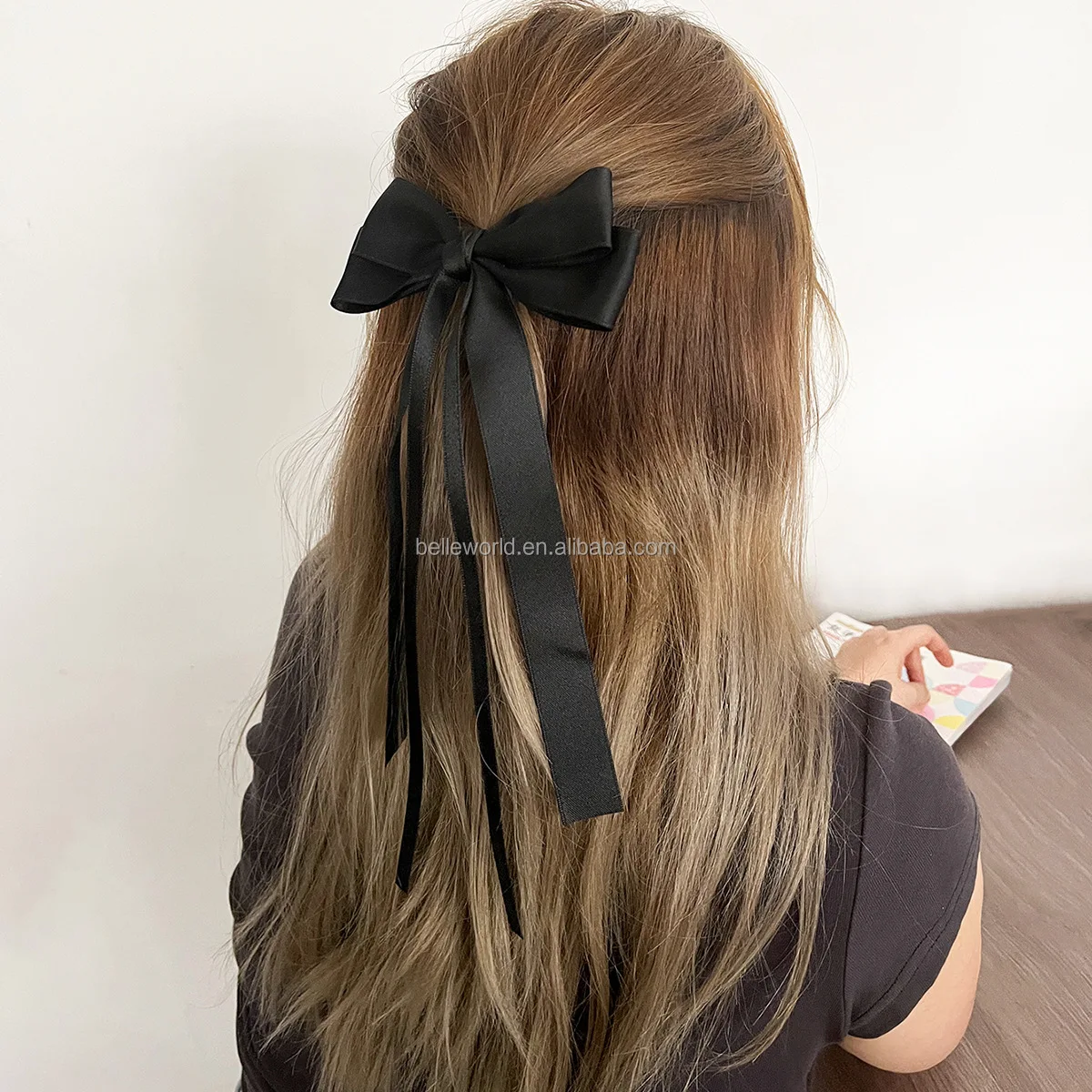 BELLEWORLD customized logo women girls elegant smooth handmade satin ribbon bow hairpins two-layer long ribbon bowknot hair clip