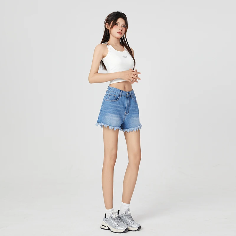 Vintage Summer Style Denim Shorts for Women Korean Tassel Short Pants Washed Jeans Style Pocket
