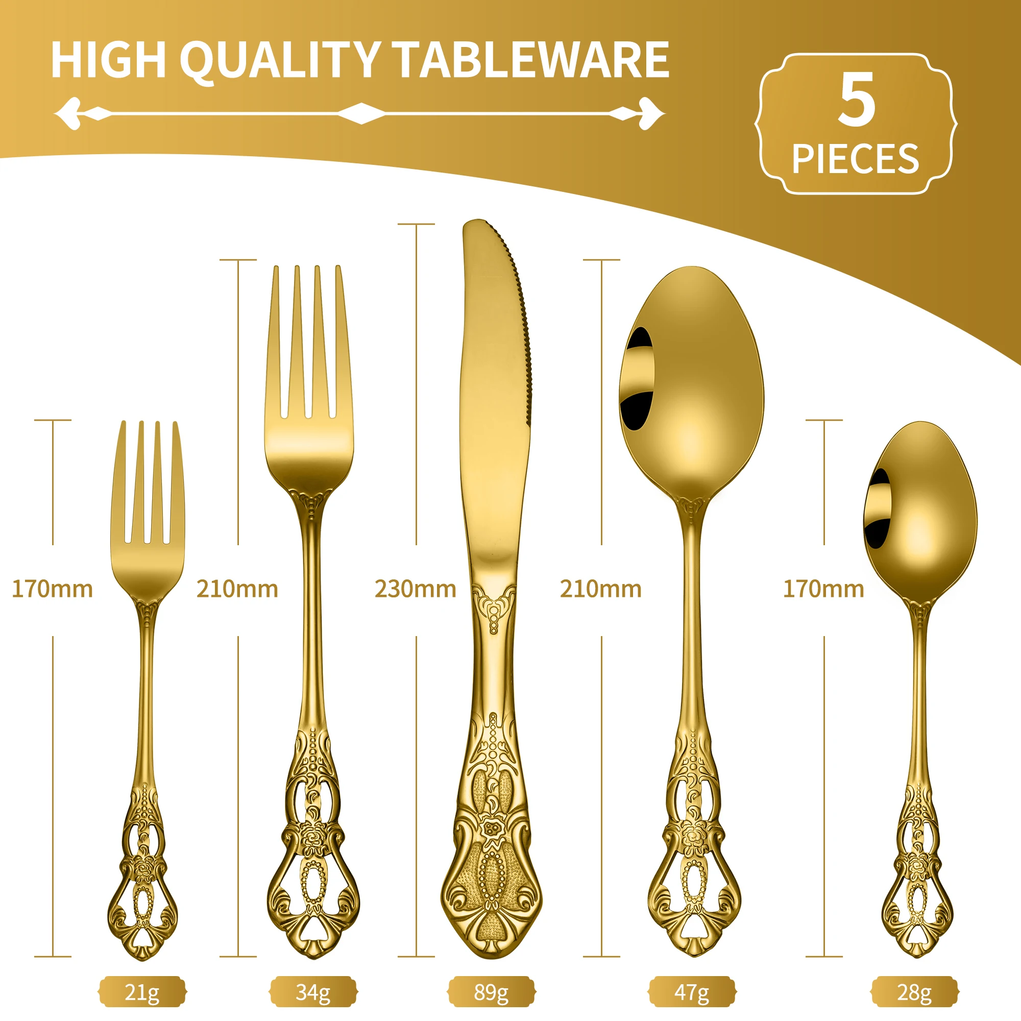 Elegant Vintage Silverware Stainless Steel Flatware Mirror Polish Spoon Fork Knife Gold Cutlery Set For Wedding