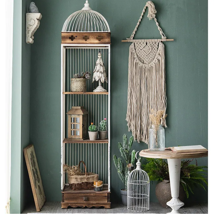 Creative Design Multifunctional Birdcage Shape Bookcase Retro White Iron Wire Display Storage Rack Floor Display Shelf