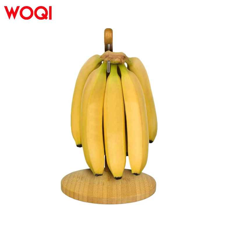 WOQI  Wholesale Home Kitchen Countertop Fruit Rack Wooden Bamboo Banana Hanger With Stainless Steel Hook