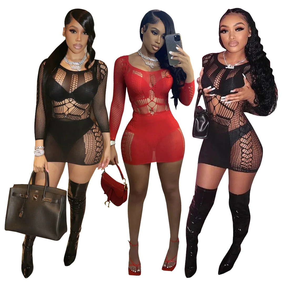 Newest Design Hollow Out mesh sexy club dress summer long sleeve Transparent Mesh Tight women short dress
