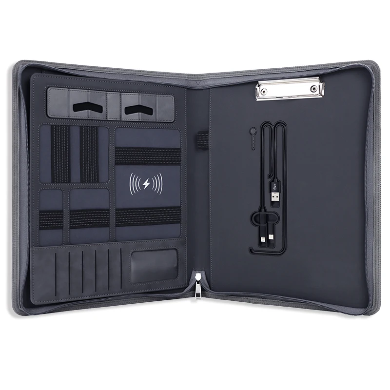 Custom design a4 leather pu zipper portfolio business file folder padfolio with phone holder