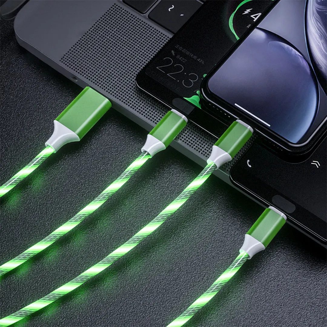 3 in 1 LED Glow Flowing Charger Cable Luminous Lighting Fast Charging Micro USB Type C For iPhone Android Phone