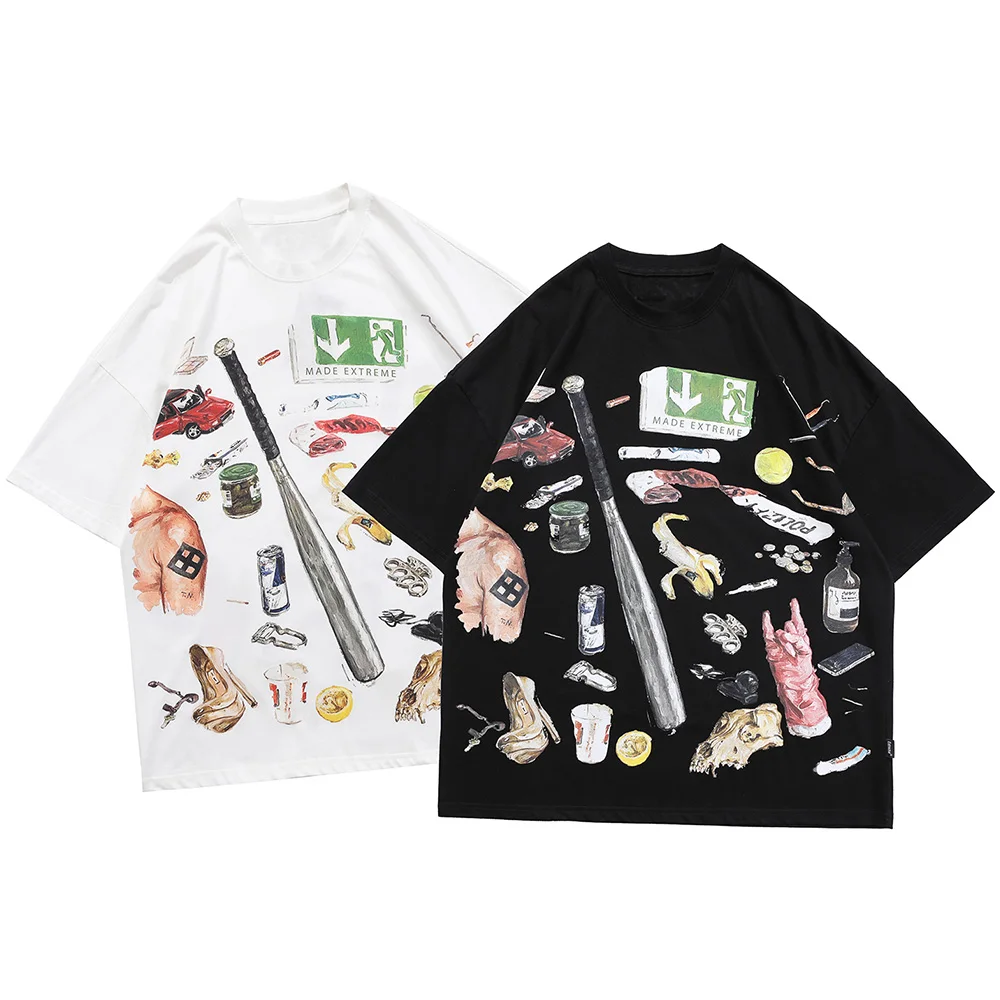 
T Shirt Men Baseball Skull Vaporwave Painting Print Streetwear Loose Cool High Street College Style Men Tee Shirts Tops 