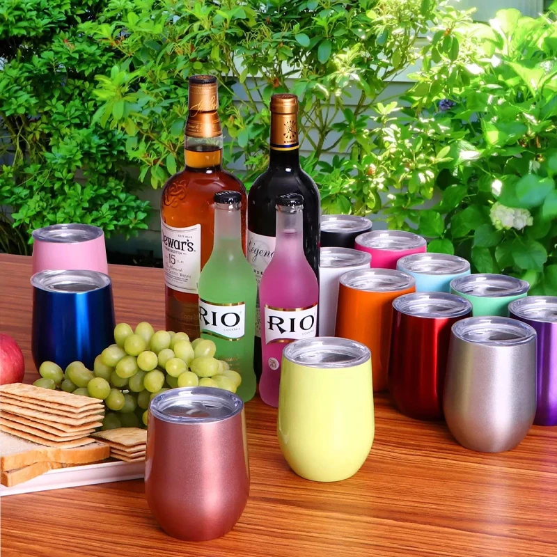 Custom wholesale christmas day 12oz travel coffee stemless stainless steel insulated wine tumbler cups with lid and straw