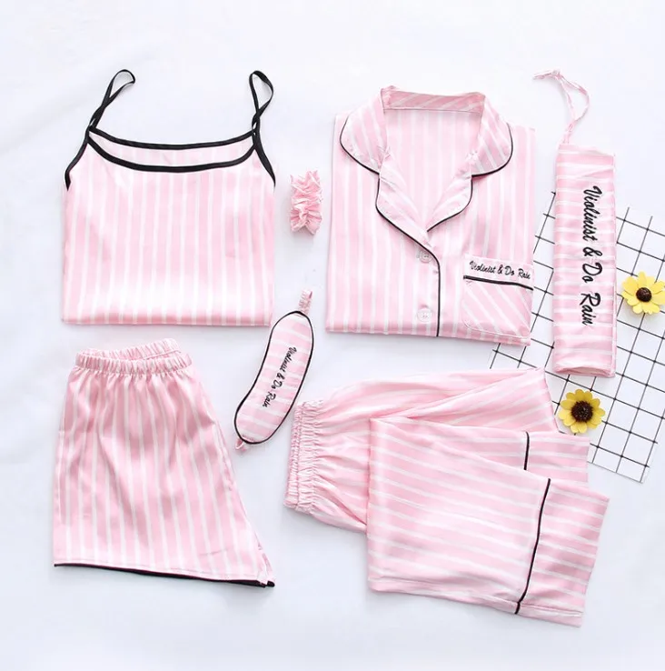 Flower Printing 7Pcs/Set Satin Pajamas For Women Girls Cute Silk Satin Set Wholesale Silk Nighty Wear