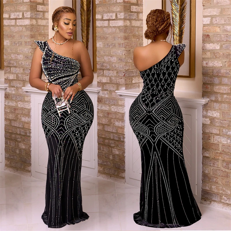 luxury pearls rhinestone beaded one shoulder sleeveless evening party dress 2024 floor length ball gown for women with pearls