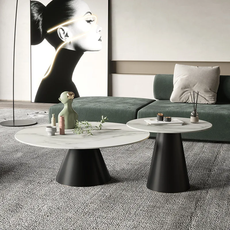 Simple Luxury Black Gold Metal Glass Marble Stone  Wood Round End Table Side Nest Set of 2 Nesting Coffee Table