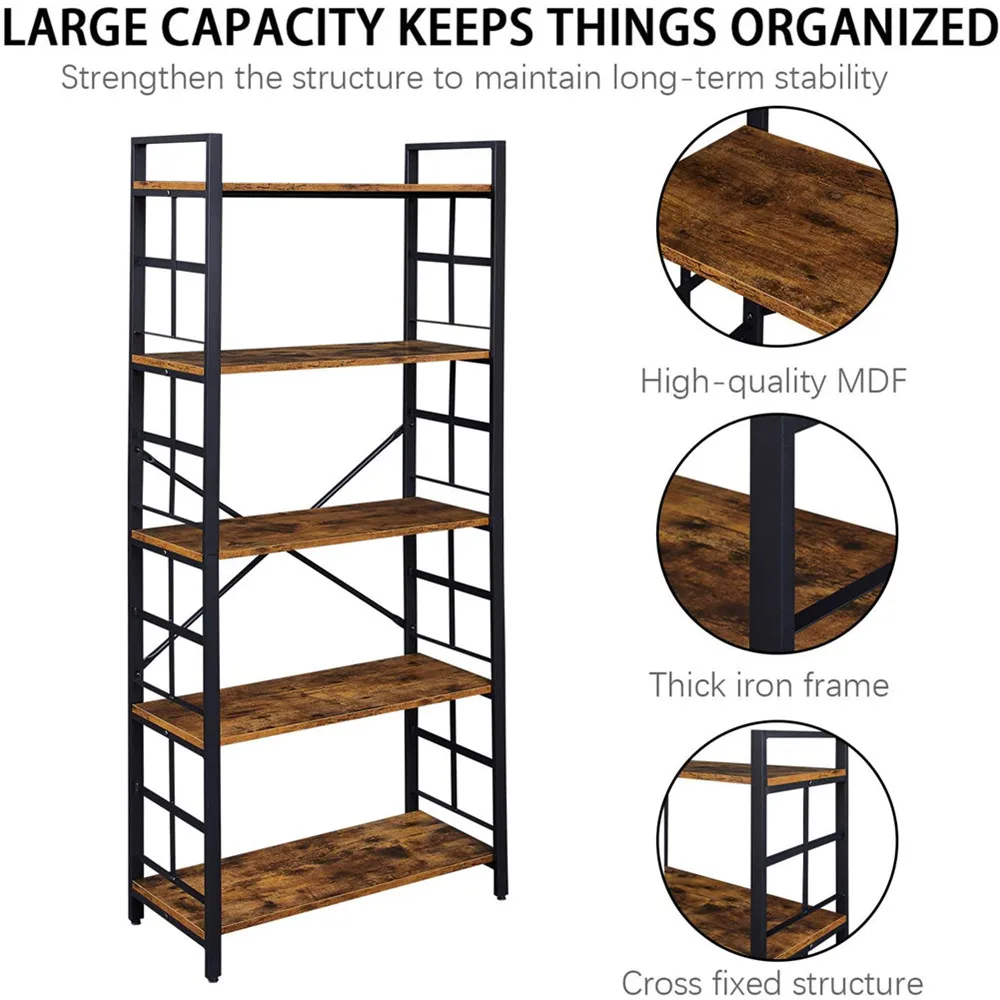Perfect Industrial Bookshelf 5-Tier Vintage Bookcase and Bookshelves Rustic Wood and Metal Shelving Unit Display Rack Factory