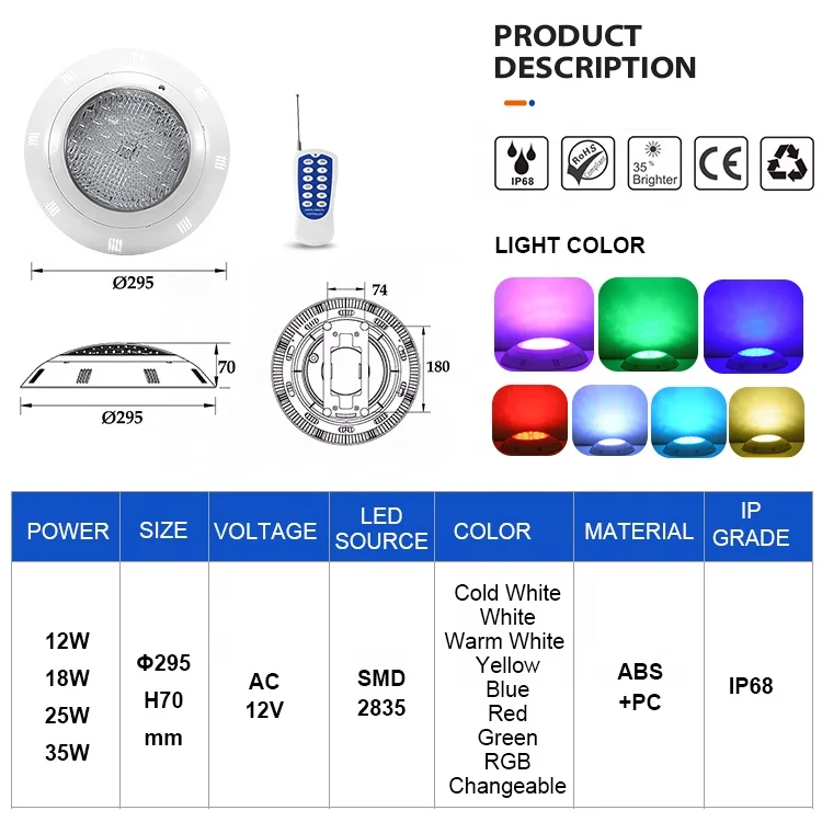 ABS 12V Under Water Swim Pool Lamp Ip68 Waterproof Underwater Multi-Color Rgb Control Led Pool Lights