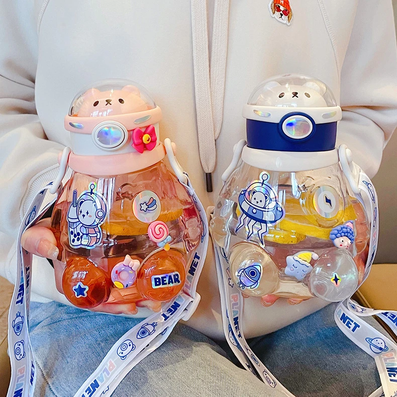 Cute 700ml aerospace bear big belly plastic water bottles kids student cup with strap straw DIY stickers Students go to school