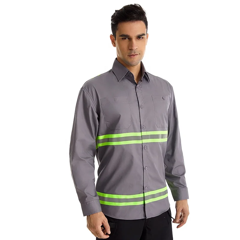 Custom Made Long Sleeves Safety Work Shirt Breathable Mechanic Reflective Tape Work Shirts