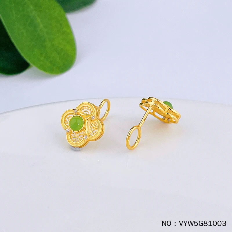 VYW5G81003 24K real gold inlaid Headian jade earrings Jasper earrings Four -leaf grass earrings Jewelry mold customization