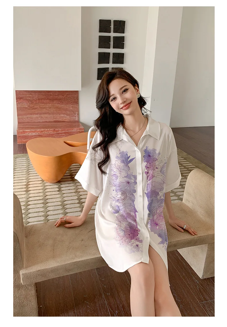 Samwestart wholesale free size long shirt printed nightgowns women one size pajamas luxury lingerie satin nighty