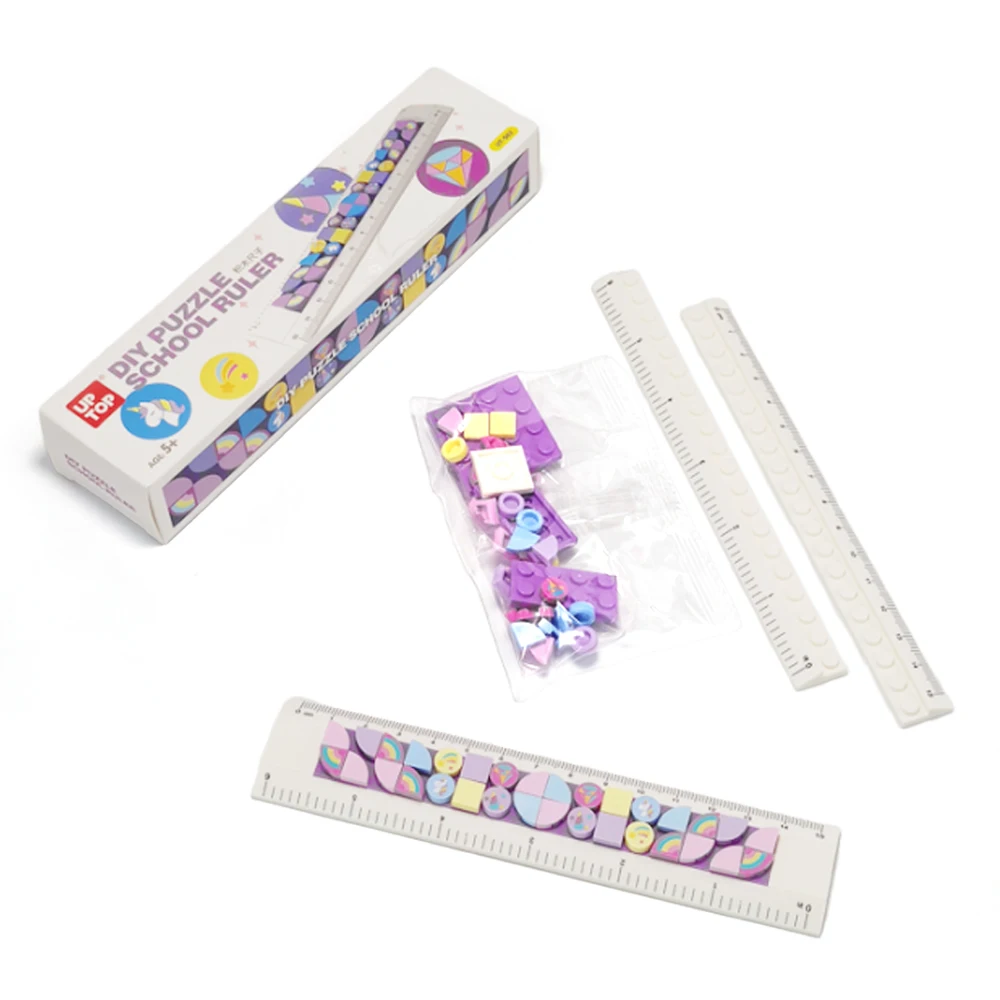 Hot bulk utiles escolares kids favor DIY puzzles unicorn blocks plastic ruler set custom stationary straight Rulers For School