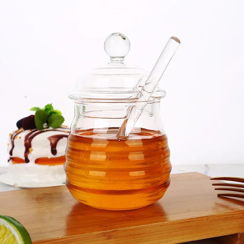 wholesale cheap  glass honey jar hive shape glass storage bottle with stirring rod
