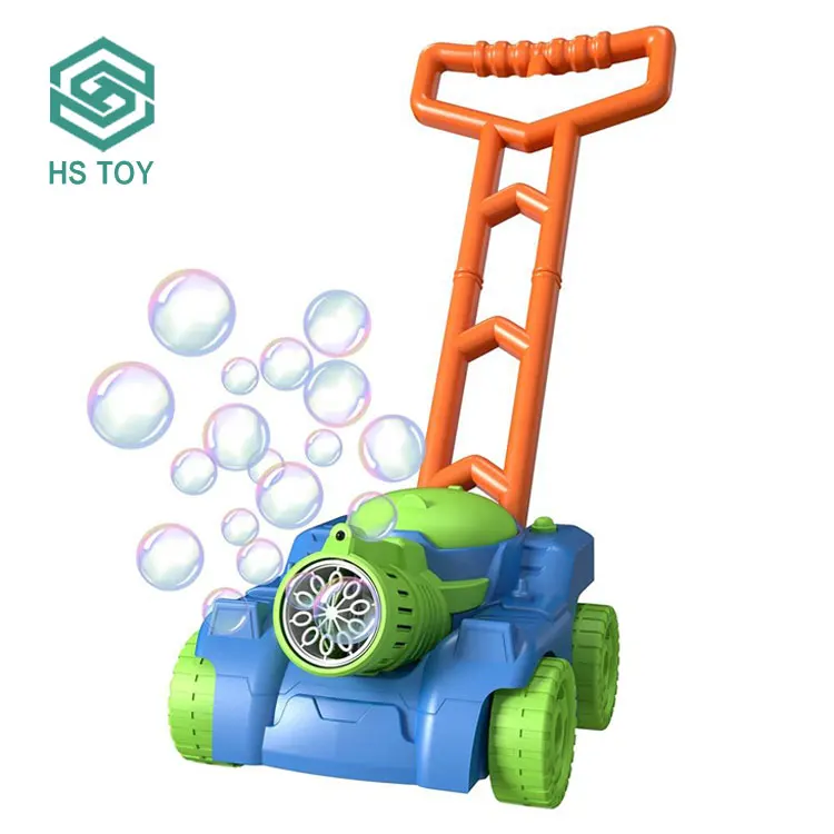 HS Wholesale Outdoor Toy Hand Push Cart Automatic Portable Bubble Lawn Mower Blower Machine Soap For Kids