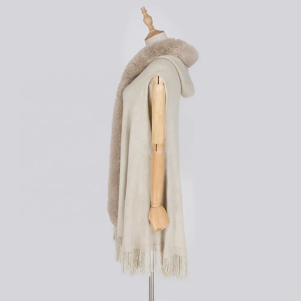 
Winter Knit Cashmere Woman Vest Faux Fur Trim Poncho Hooded Scarves Shawls With Tassels 