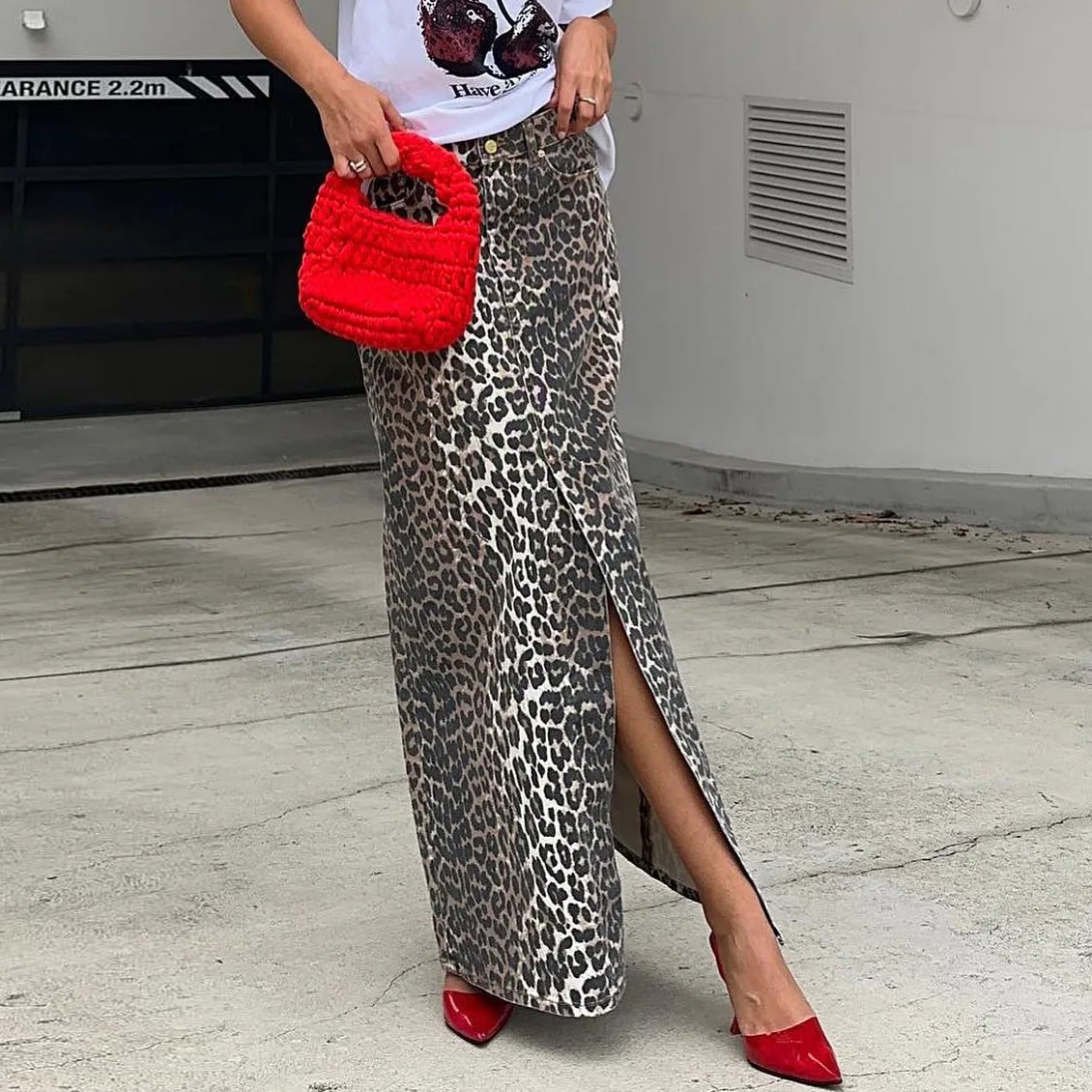 RedPeony Summer Office Split Skirt Cotton Female 2024 Street Chic High Waist Long Skirt Vintage Leopard Print Straight Skirts