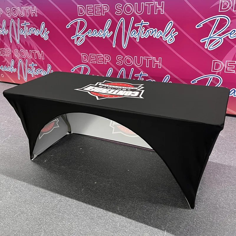 Custom Logo Spandex Polyester Printed Round Black White Rectangle Square Fitted Tablecloth Party Wedding Banquet Table Cloth