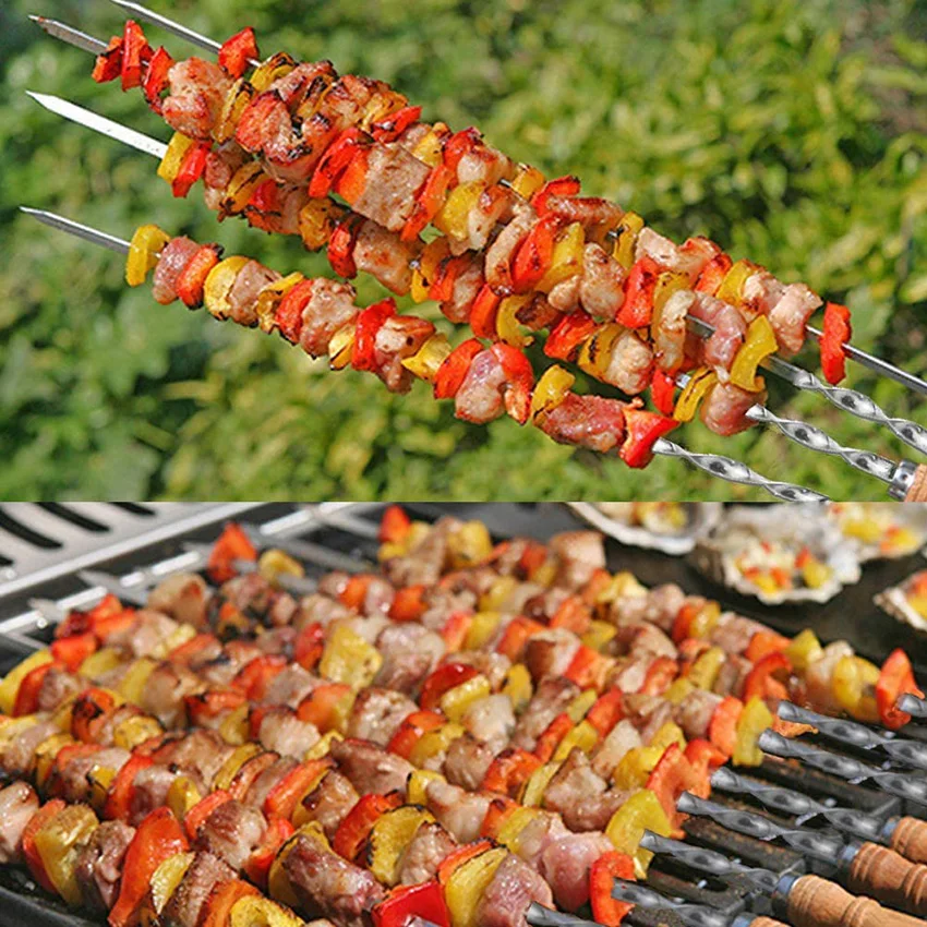 23 5 дюймовые деревянные ручные косички для барбекю Shish Kabob бразильские плоские из нержавеющей стали жарки