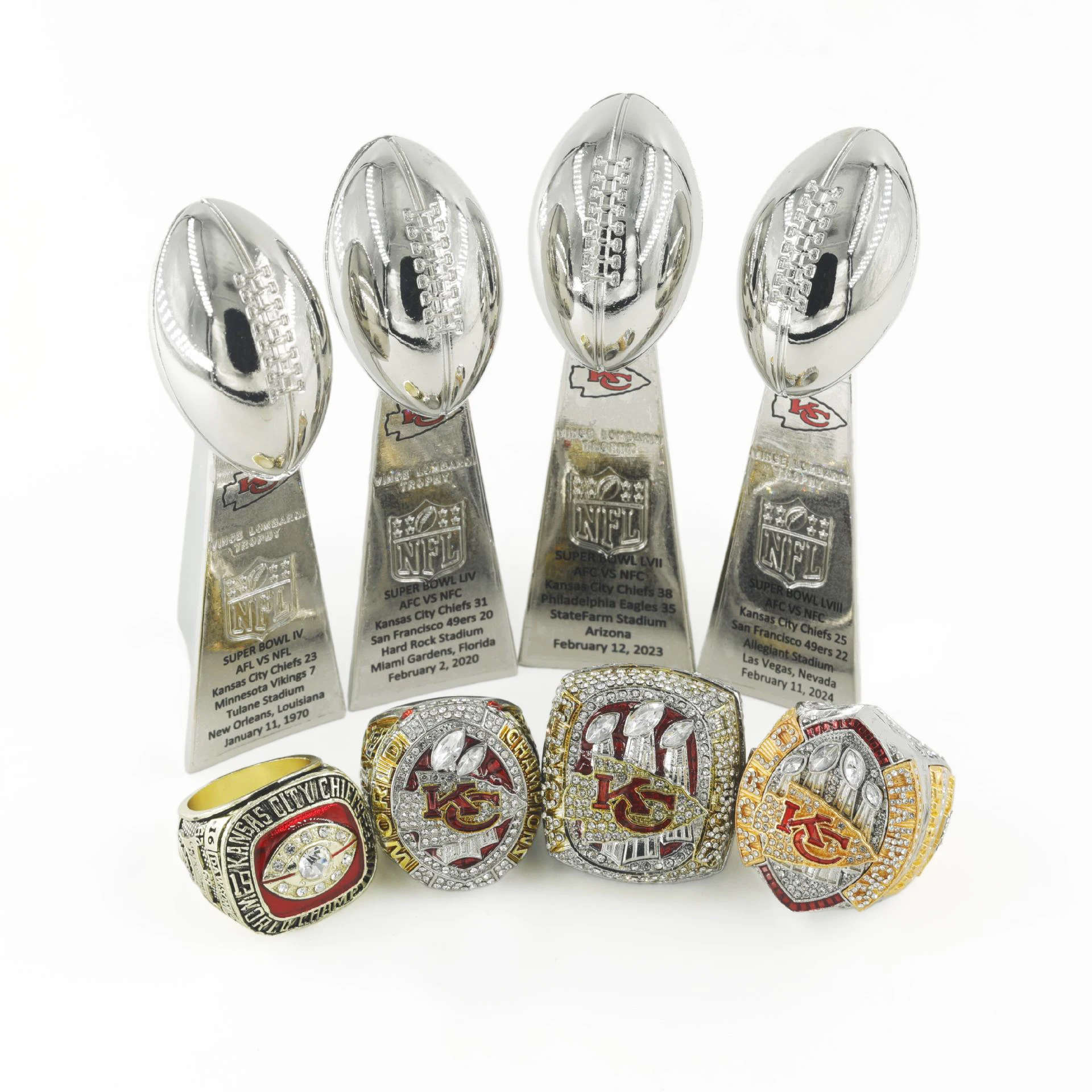4pcs Kansas City Chiefs Championship Ring Set 1969 2019 2022 2023 with trophy engraving