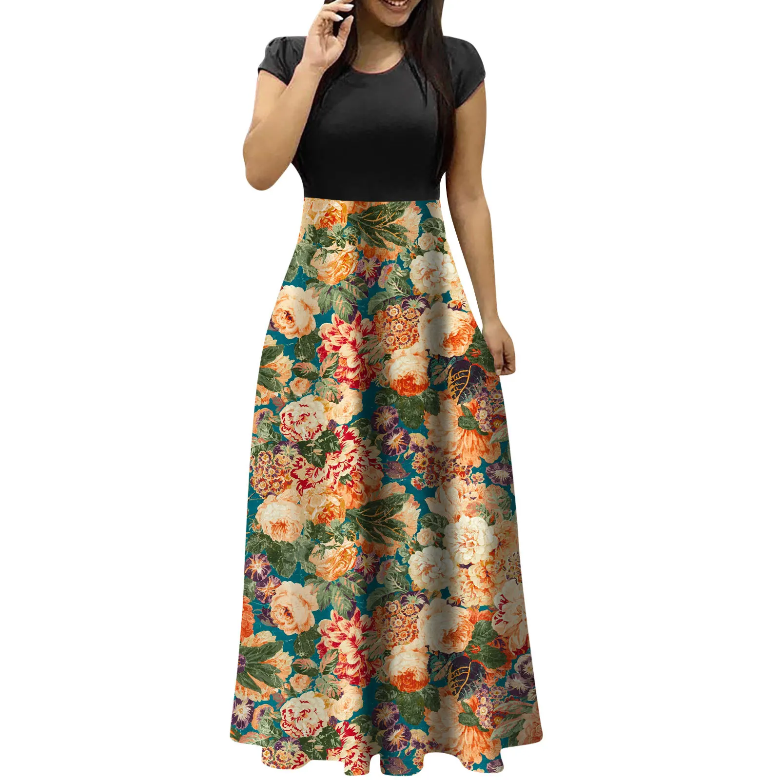 Wholesale 2024 fashion sexy ladies O-neck short sleeve Women floral print Dresses (CYY8888-10-1)