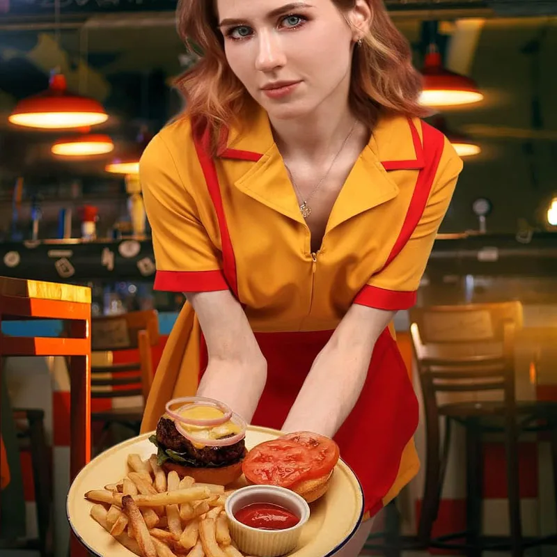 Yellow Diner Uniform with Red Apron Women Waitress Uniform Cosplay Dress for Women Birthdays Carnival Cosplay
