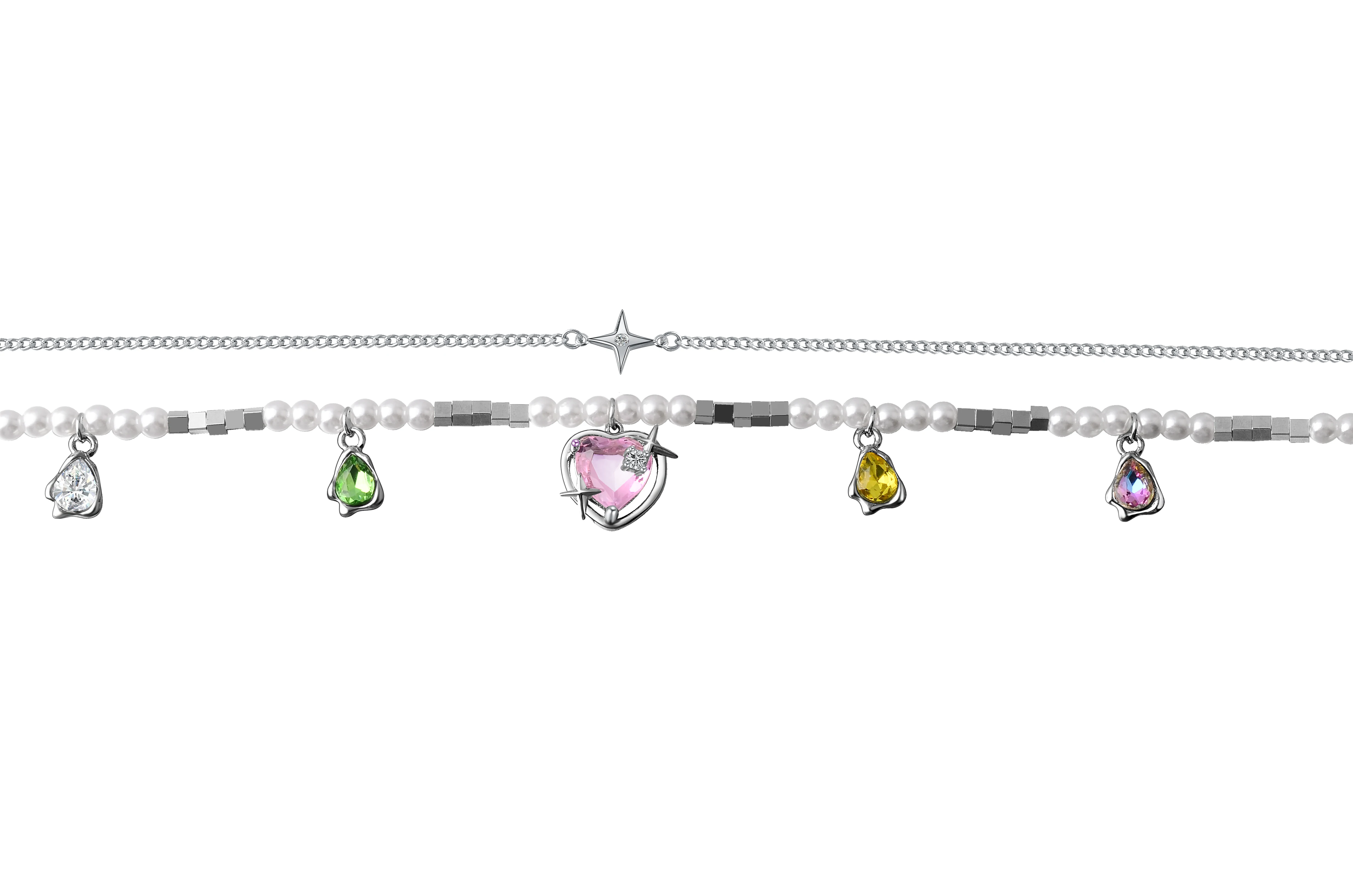 Ins Personalized Novelty Pearl double chain Colored stone heart-shaped Pendant Necklace Hip hop jewelry