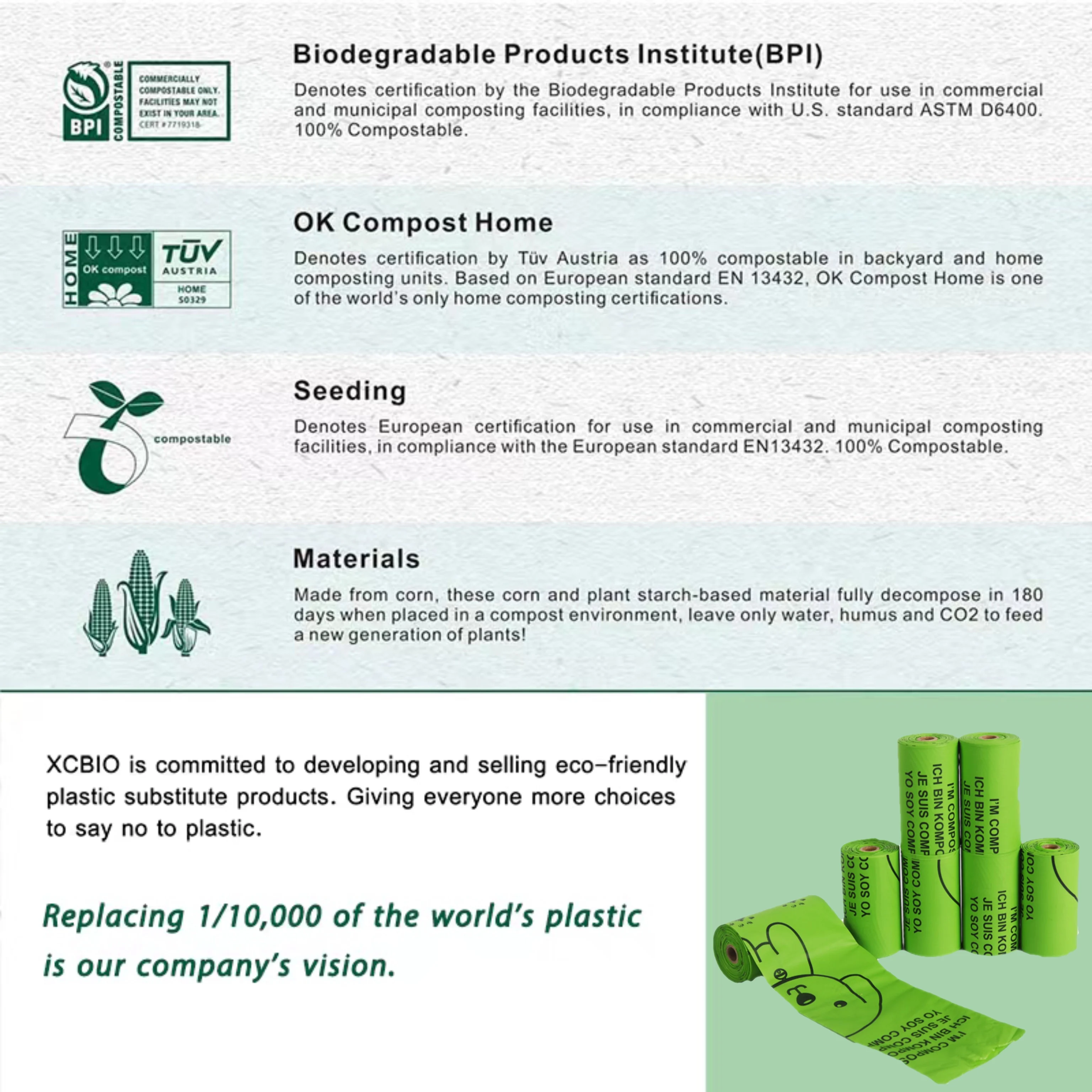 Cornstarch Plant Based Eco Friendly Doggy Poop Bag Biodegradable Dog Poo Bags