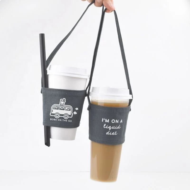Environment Friendly customized reusable cotton Cup Sleeve for bubble tea with long strap