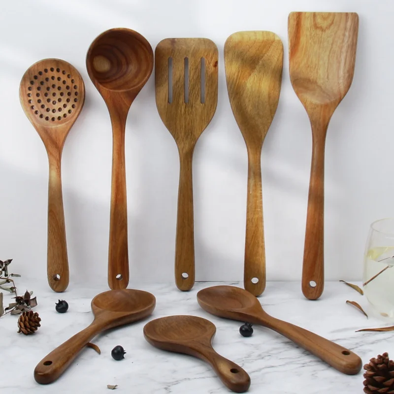 High quality cookware set 8 pcs acacia wood kitchen tool wooden cooking utensil