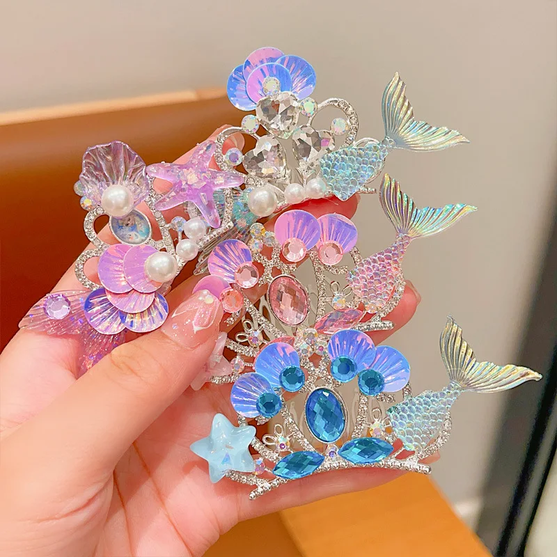 Wholesale Mermaid Kids Colorful Rhinestone Crown Hair Comb Little Girls Princess Hair Clips Headband Tiara Party Birthday Gift