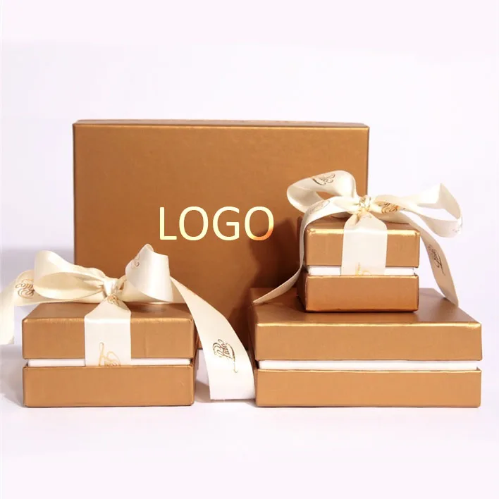 High quality custom logo ribbon bow gold cardboard paper jewelry gift box with lid