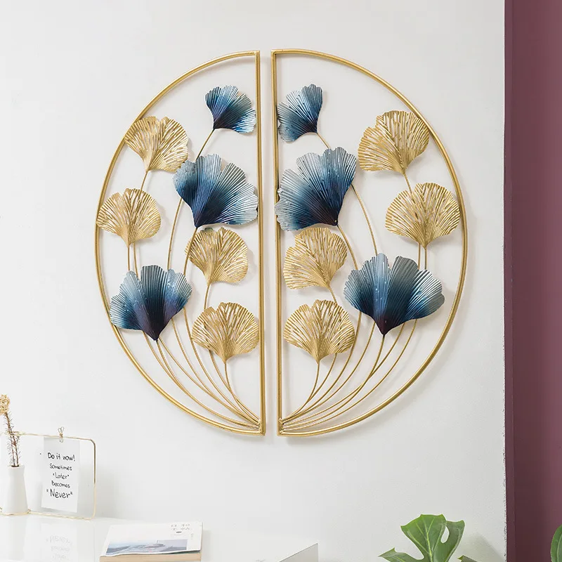 Ginkgo Leaf Round Pair Combination Metal Wall Art Sculpture For Home Office 3D Metal Wire Sculpture Wall Decor Art