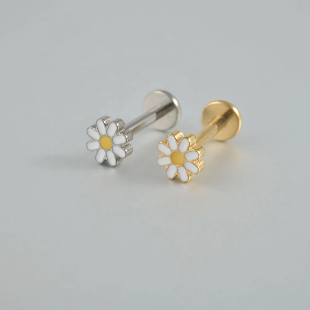 ASTM F136 Titanium Threadless Labret Ear Helix Tragus Daisy Flower Flat Back Push-in  Earring Piercing Jewelry
