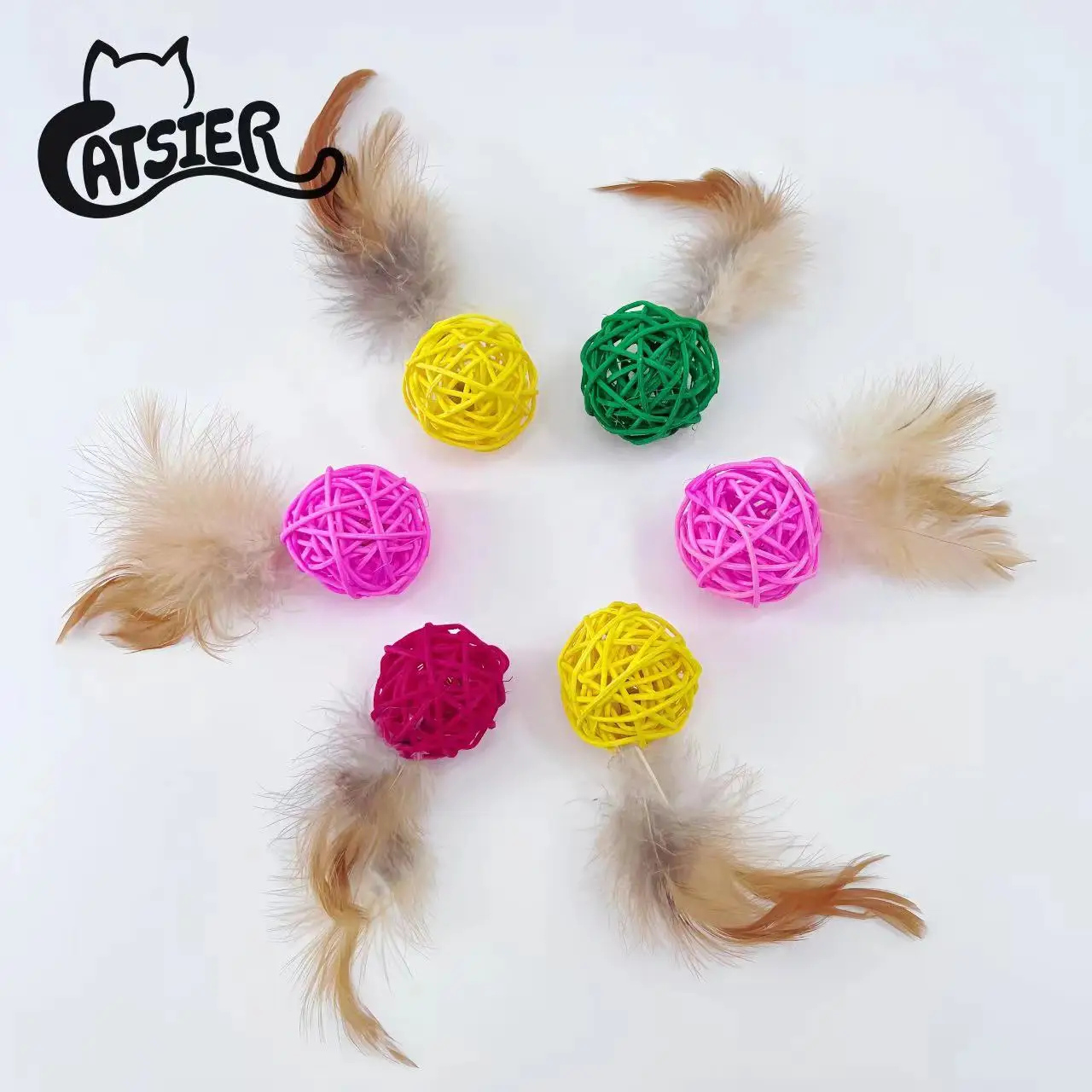 Manufacture Wholesale Rattan Cat Toys Ball with Feather Kitten Activity Chases Quiet Play Mix Color