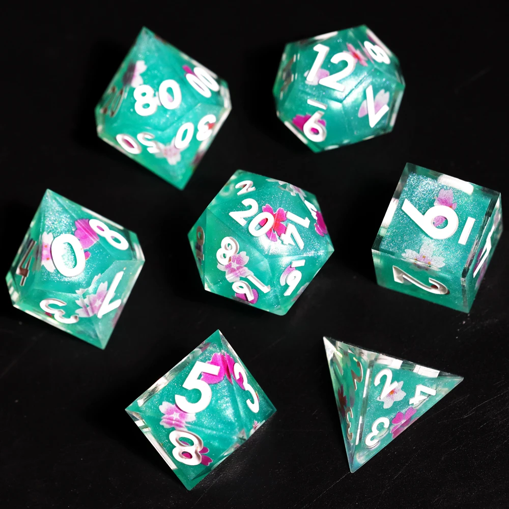 MINI PLANET Polyhedral Resin Dice Set Flower Stickers DND Dice For RPG Dragon and Dungeon Desktop Games Sharp Dice Custom D20