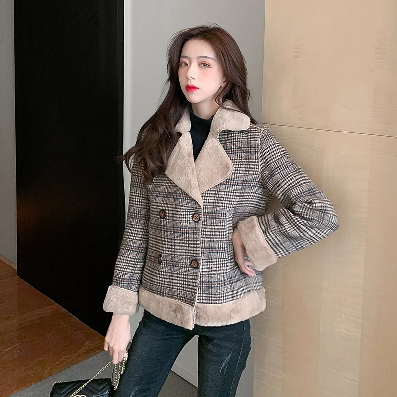 Fleece Coat Ladies Short Jacket Korean Loose New Autumn Winter Fashion Thick Plaid Faux Lamb Wool Coat Women Jacket