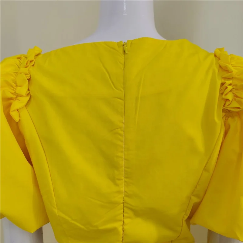 2021 New Fashion High Quality Yellow White Puff Sleeve Cutout Ladies Dresses Summer Casual Dresses Women