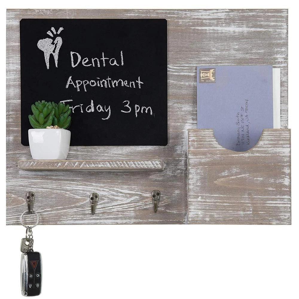 Barn Gray Wall-Mounted Wood Organizer Shelf with Chalkboard For Letter Holder&Key Hooks