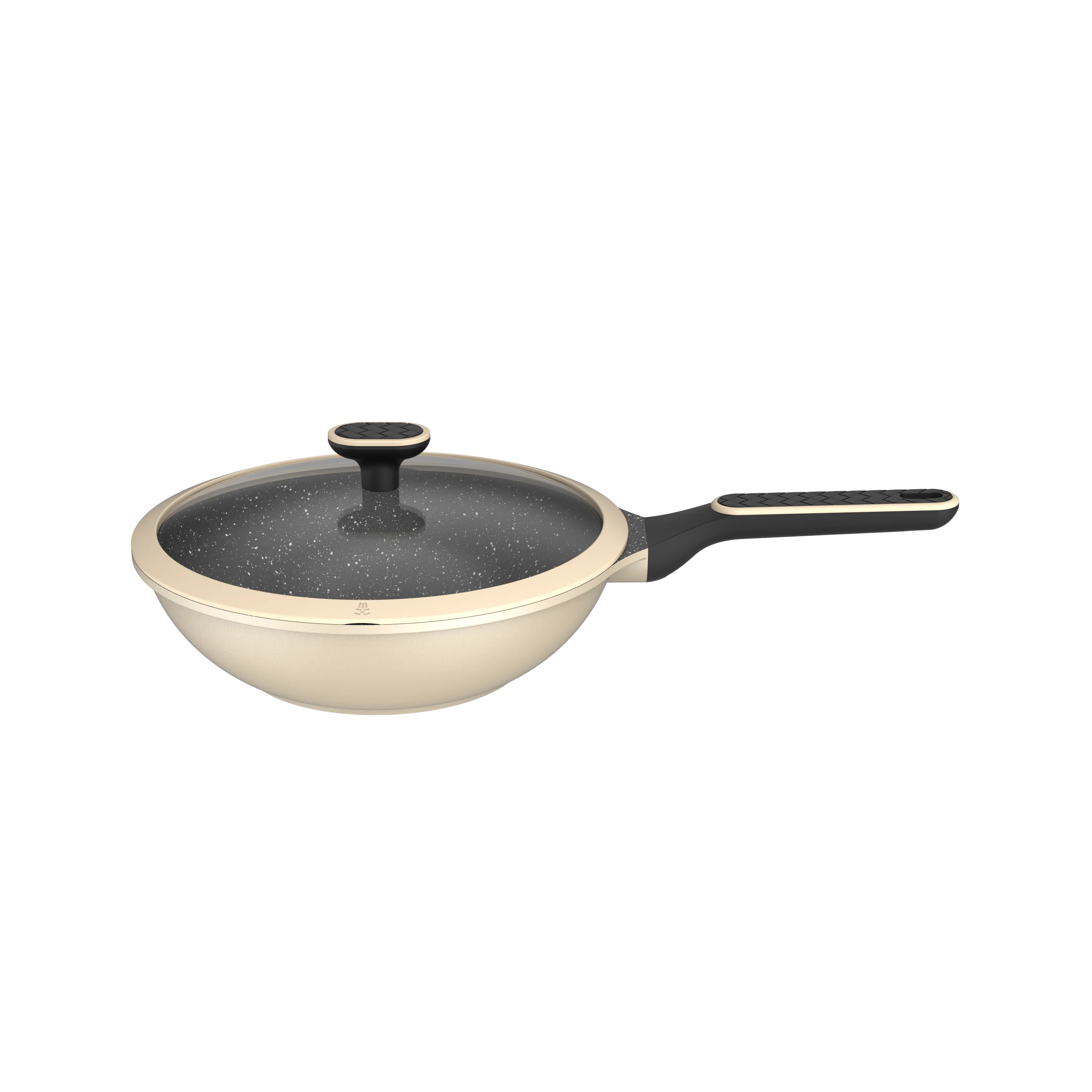  BESCO OEM Escalation Series Non Stick Granite Coating Aluminum Wok Stir Fry Pan with Weave Pattern Handle & Silicone Glass