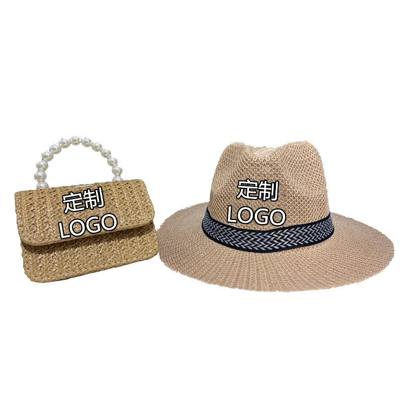 2021 new arrival Straw Panama Hat lady luxury pearl handle mini woven Fedora Beach bag Fisherman bucket hat and purses set