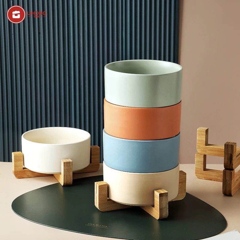 LIHONG Nordic Ceramic Pet Cat Dog Bowl Stand and Dual-purpose Mankind Gourmet Bowl Food Bowls Rice Water